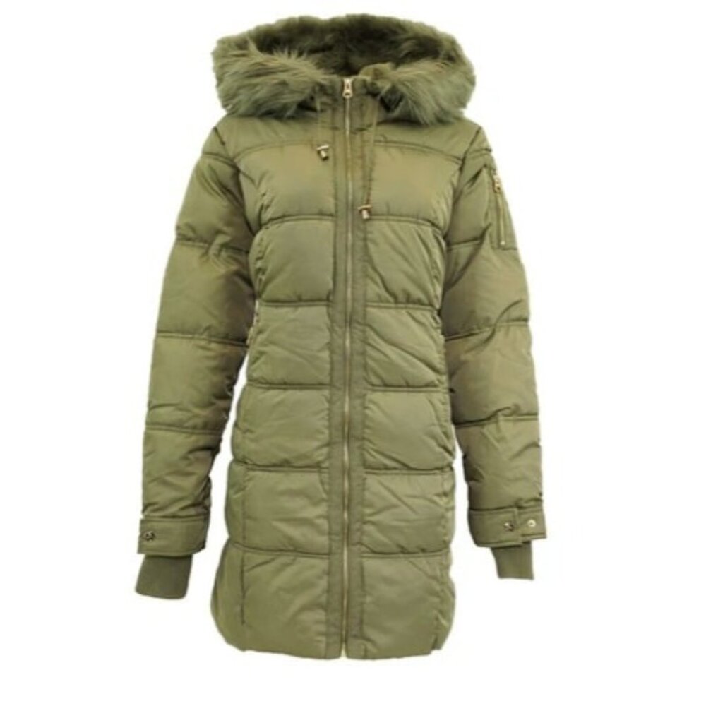Jessica Simpson Women's Fur Trimmed Sherpa Lined Quilted Puffer Jacket Sage XL
